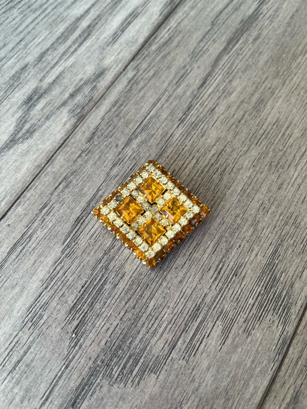 Vintage Continental Square Gold-Tone Amber Crystal Brooch